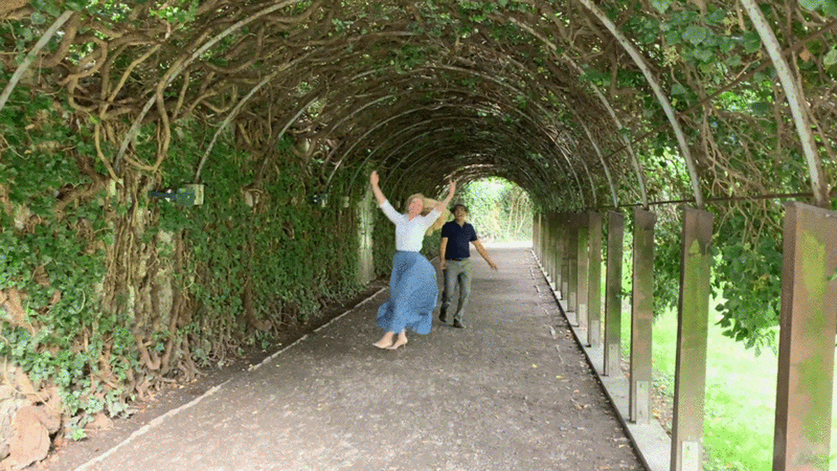 Jimmy and Sarah skip through tunnel