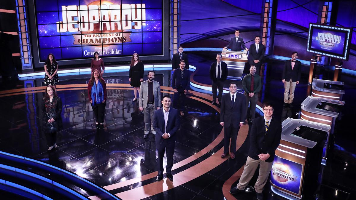 2021 Tournament of Champions contestants on the Jeopardy! stage