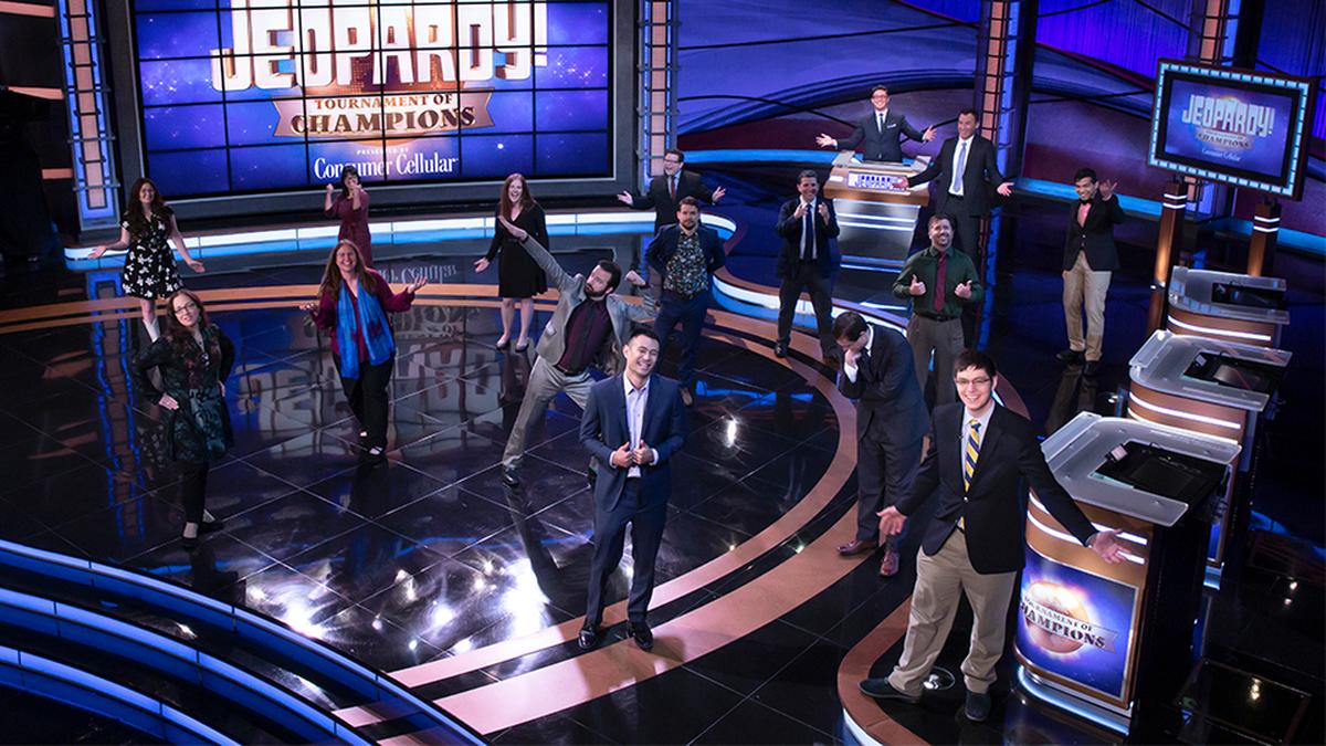 2021 Tournament of Champions contestants on the Jeopardy! stage