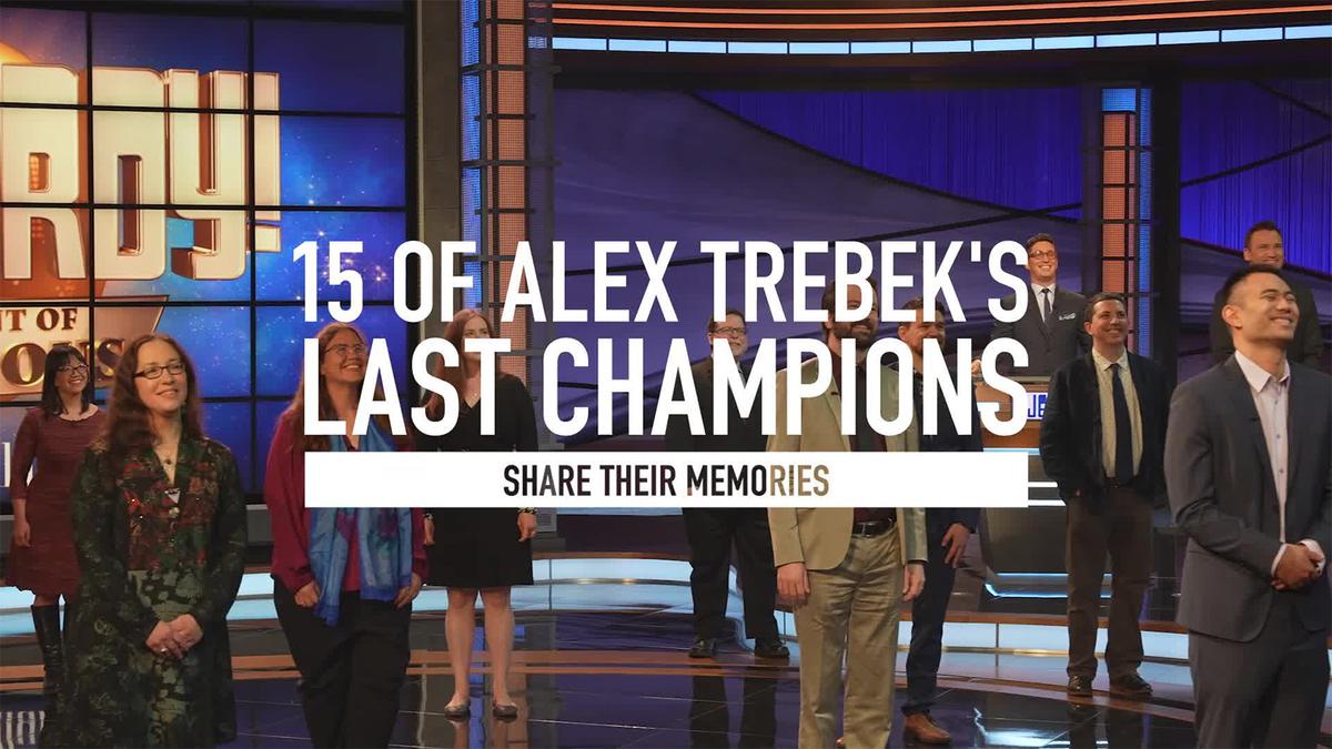 2021 Tournament of Champions contestants on the Jeopardy! stage with text "15 of Alex Trebek's last champions share their memories"