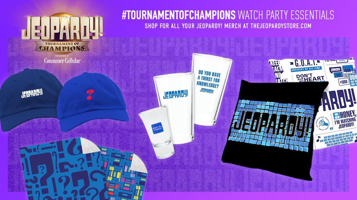 Collage of Jeopardy! merch, including hats, cups, pillows, and throw blankets
