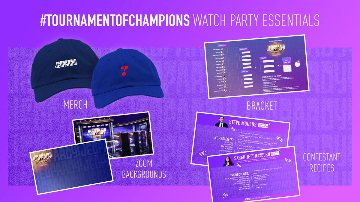 Tournament of Champions graphic includes Jeopardy! hats, bracket, contestant recipes, and Zoom backgrounds