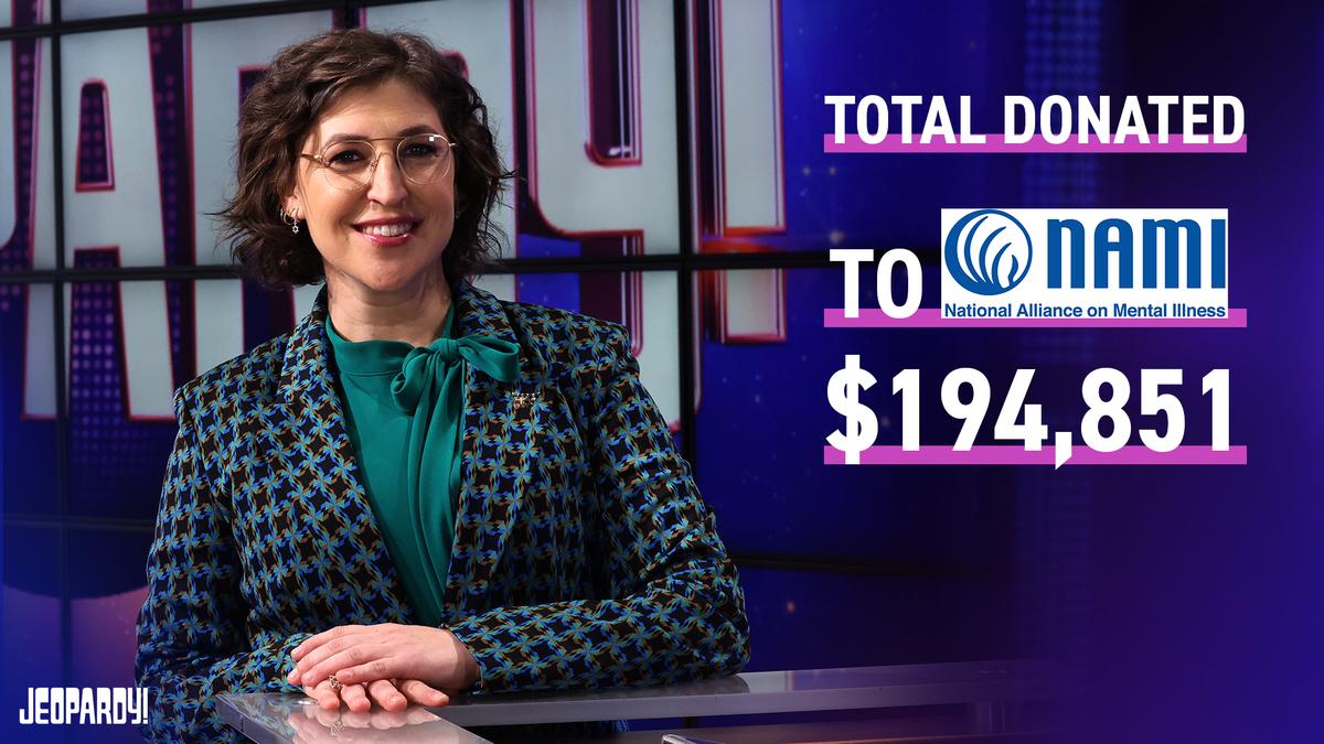 Photo of Mayim Bialik on set with NAMI name and logo. Total donated: $194,851