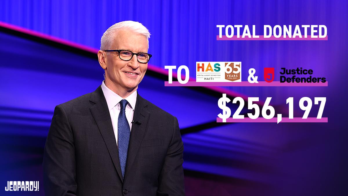 Photo of Anderson Cooper on set, and the Justice Defenders and Hôpital Albert Schweitzer logos with the total amount donated at $256,197