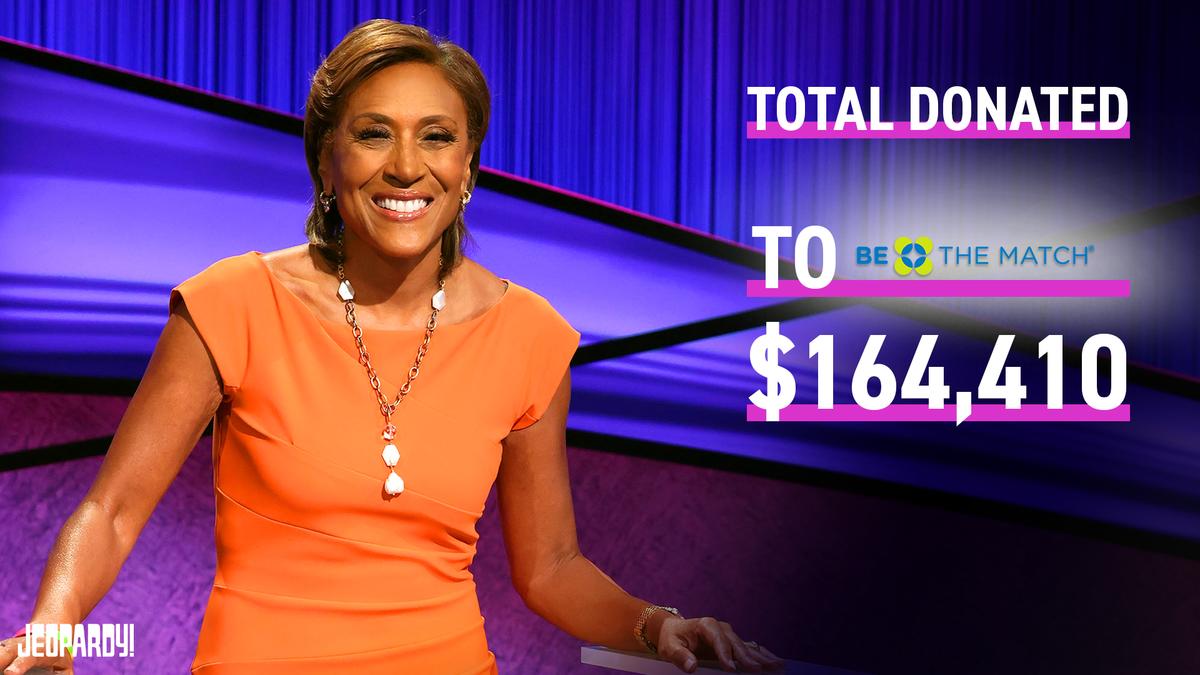 Robin Roberts with text of charity name, Be The Match and donation amount of $164,410.