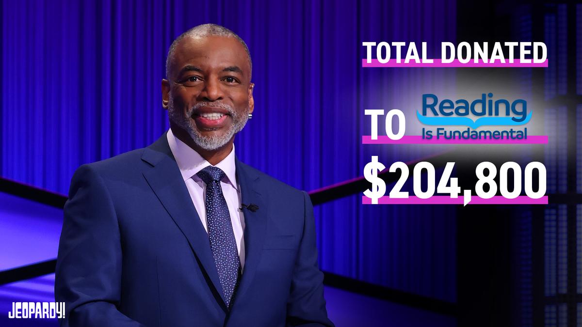 Photo of LeVar Burton on set with Reading is Fundamental name and logo and Total Donated: $204,800
