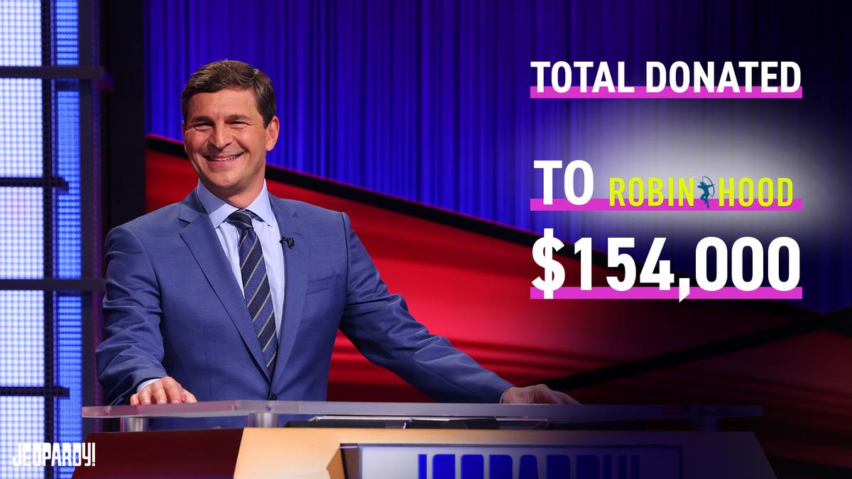 David Faber on the Jeopardy! set. Total donated to Robin Hood: $154,000