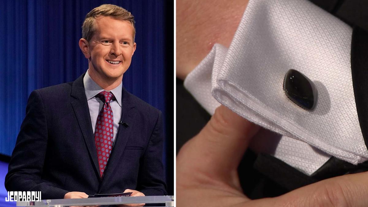 Ken Jennings, left, and the cufflinks gifted to Ken.