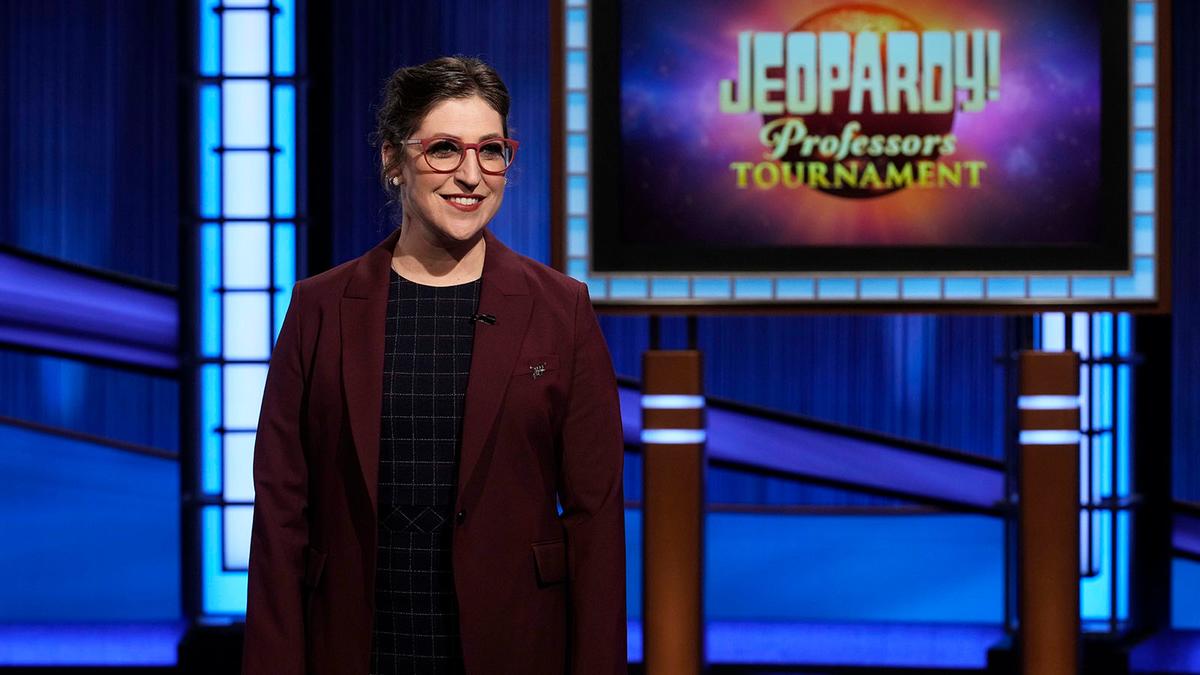 Mayim Bialik on the Jeopardy! stage.