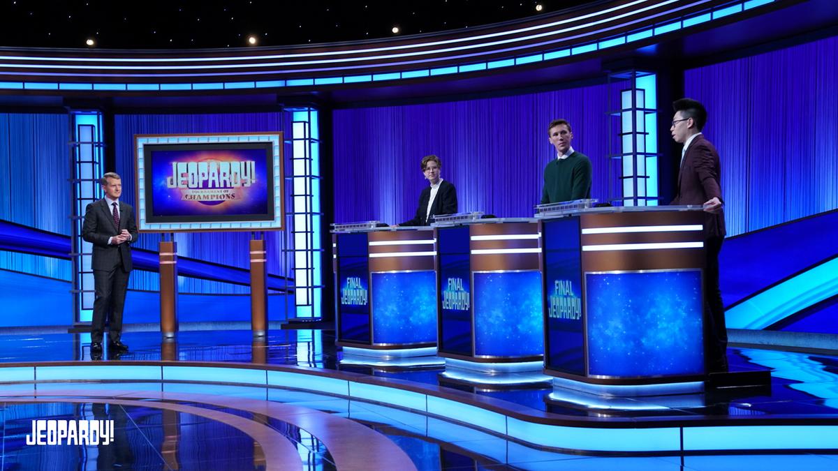 Ken Jennings with Mattea Roach, Eric Ahasic and Andrew He on the Alex Trebek Stage.