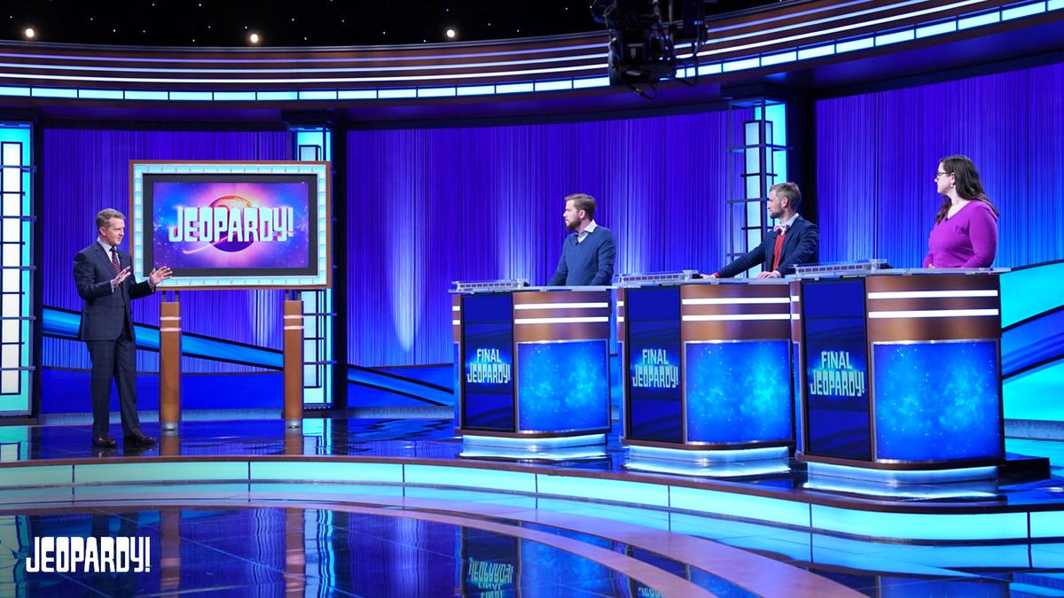 Ken Jennings, Stephen Webb, Andrew Brady and Sarah Mathews on stage