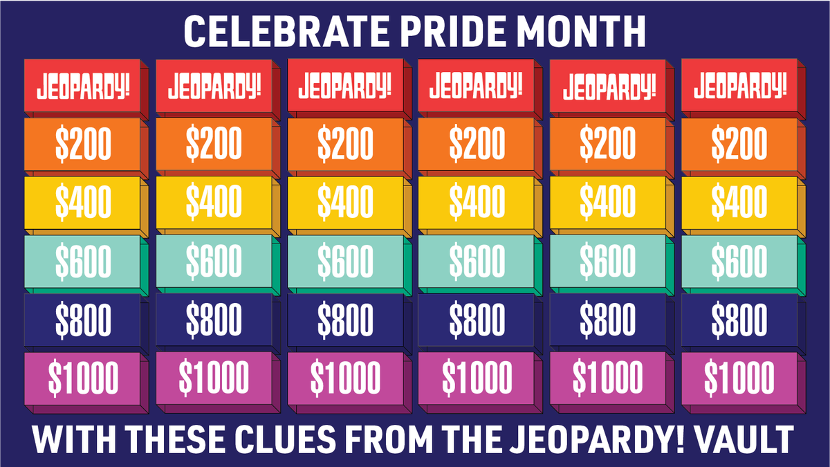 A Pride Month quiz featuring Jeopardy! clues.