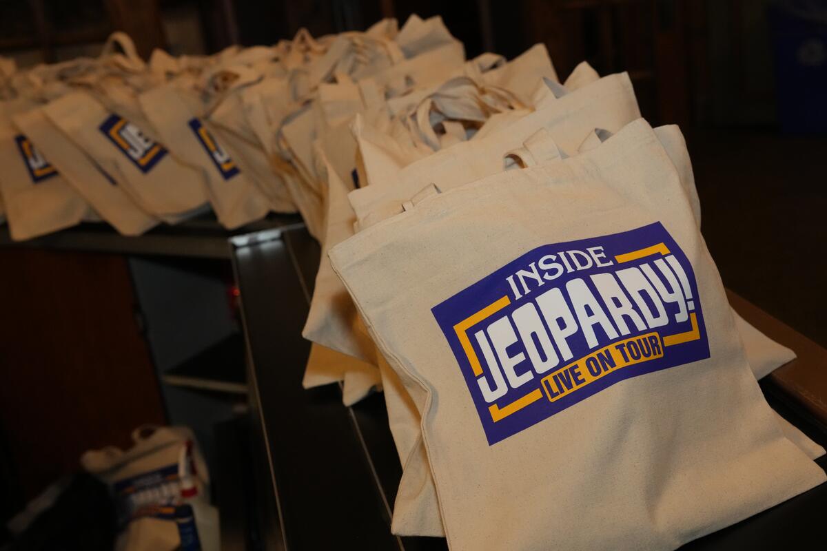Jeopardy! tote bags at the Inside Jeopardy! merchandise stand. 