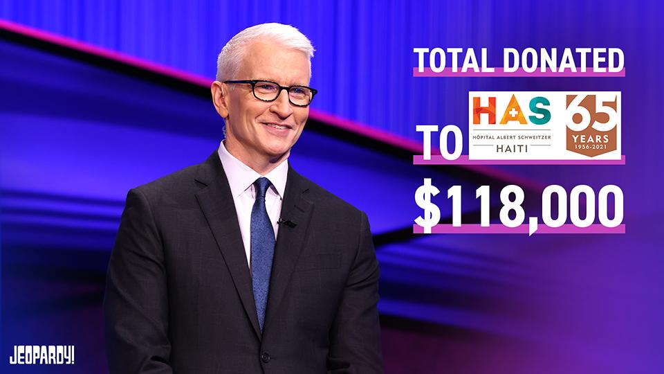Photo of Anderson Cooper on set, and the Hôpital Albert Schweitzer Haiti name and logo with the total amount donated at $118,000