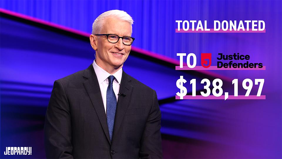 Photo of Anderson Cooper on set, and the Justice Defenders name and logo with the total amount donated at $138,197