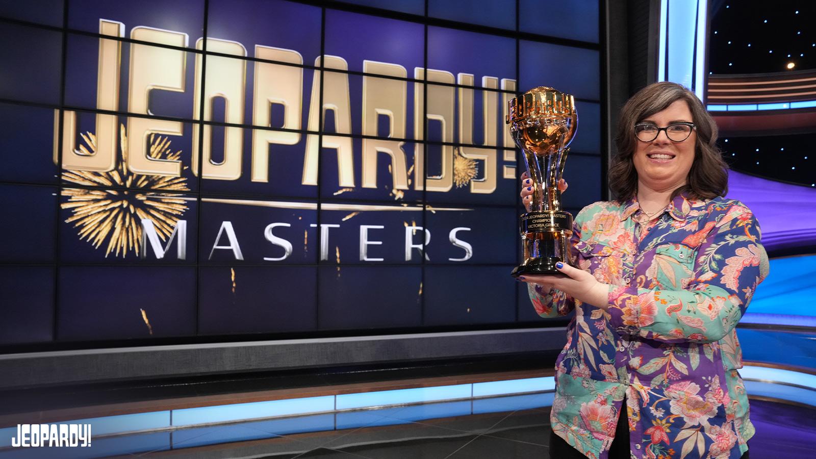 2024 Jeopardy! Masters champion Victoria Groce holds the Trebek Trophy.