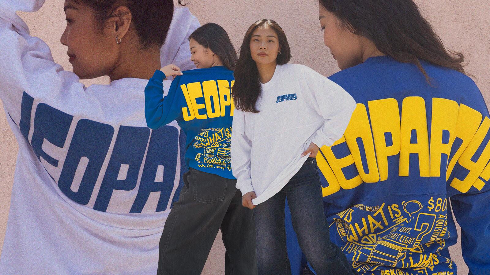 A model showcases the Jeopardy! Spirit Jersey Collection. 