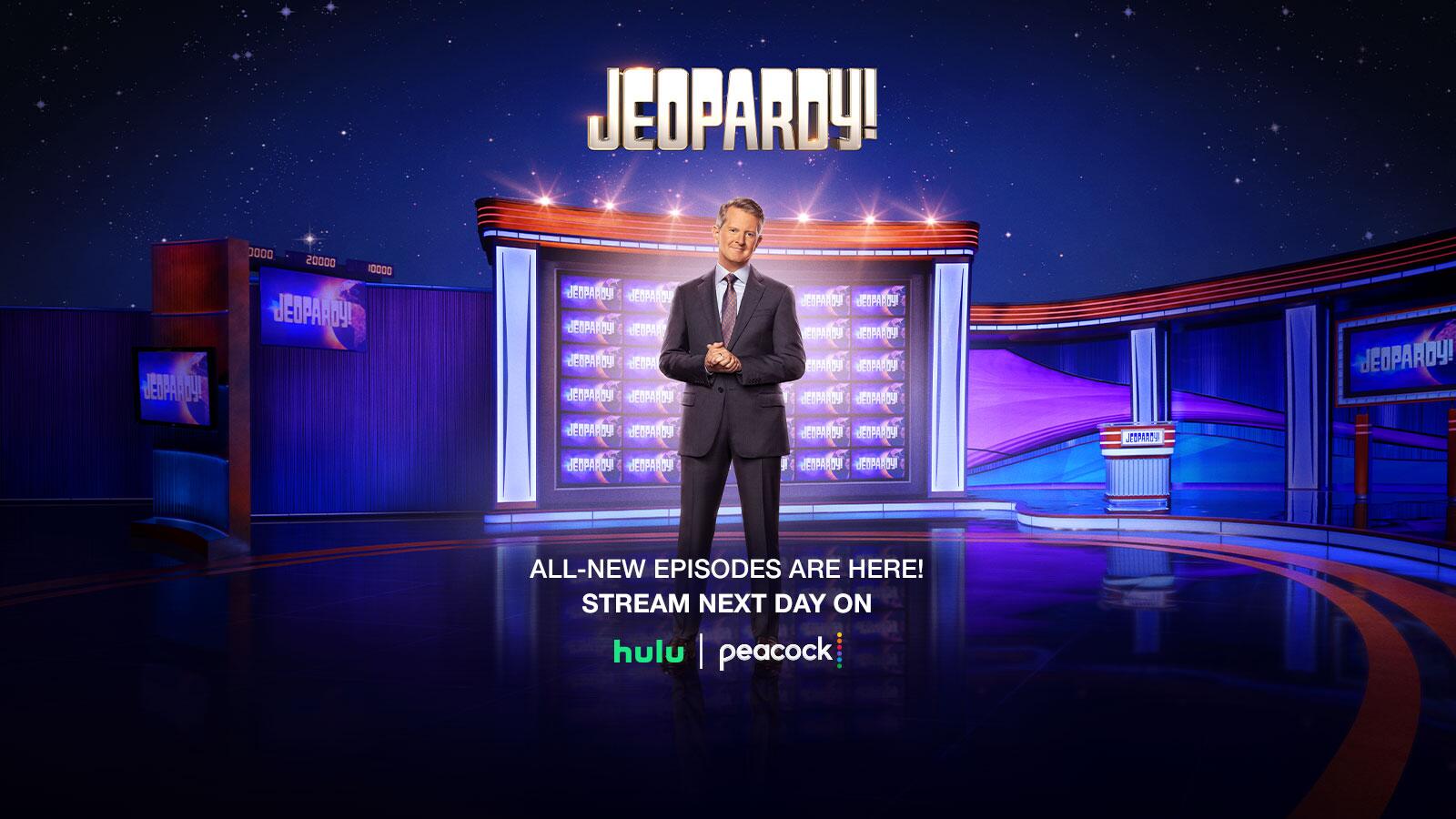 Jeopardy Key art with Ken Jennings ALL-NEW EPISODES ARE HERE! STREAM NEXT DAY ON hulu | peacock