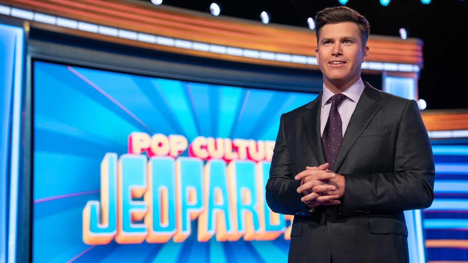 Colin Jost on the set of Pop Culture Jeopardy! on Netflix