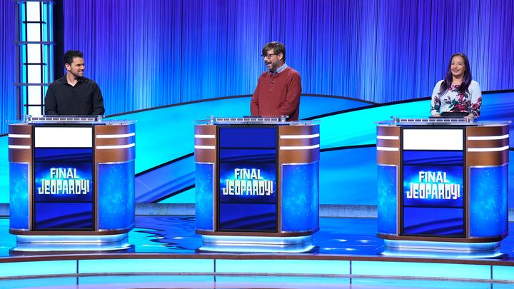 Cris Pannullo, Andy Tirrell, and Meghan Mello on the Jeopardy! set