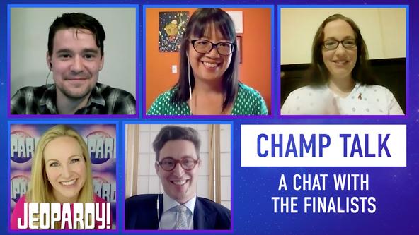 A screenshot of Buzzy Cohen, Veronica Vichit-Vadakan, Jennifer Quail, Sam Kavanaugh, Sarah Whitcomb Foss on Zoom with text that reads, "Champ Talk: A Chat With the Finalists"