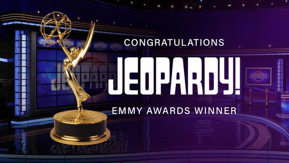 Graphic with an Emmy statue and text that says "Congratulations Jeopardy! Emmy Awards Winner"