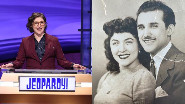 Photo split: Mayim Bialik behind the Jeopardy! lectern on the left; a vintage photo of Mayim's grandparents on the right 