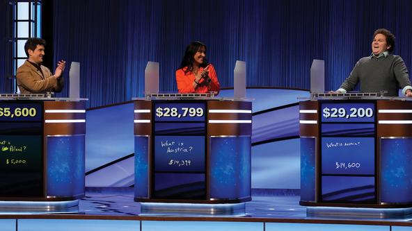 Matt Amodio, left, Jessica Stephens, and Jonathan Fisher on the Jeopardy! stage