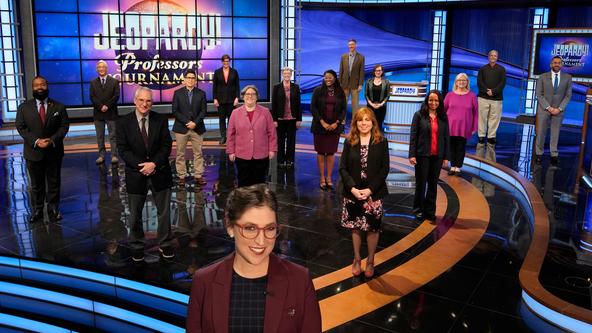 Mayim Bialik and the 2021 Professor Tournament contestants on the Jeopardy! stage.