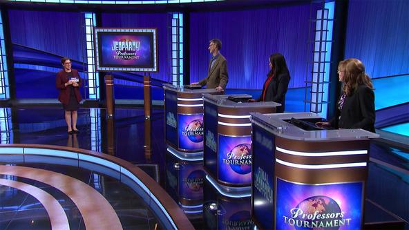 Mayim Bialik on the Jeopardy! stage with contestants J.P. Allen, Alisa Hove, and Deborah Steinberger.