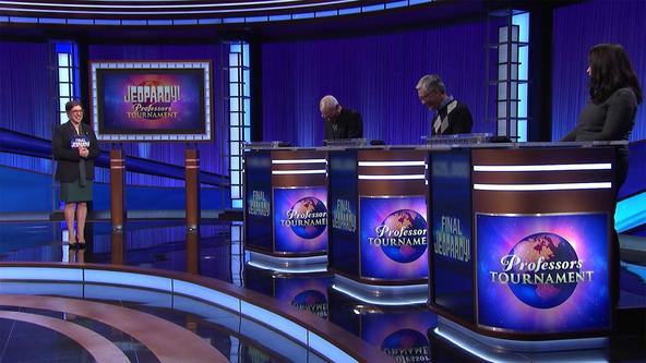 From left: Mayim Bialik, Sam Buttrey, Ed Hashima, and Alisa Hove on the Jeopardy! stage