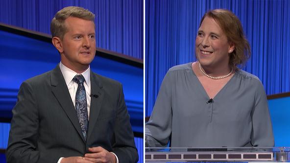 Ken Jennings, left, and Amy Schneider