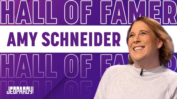 Amy Schneider with text that says her name and Hall of Famer