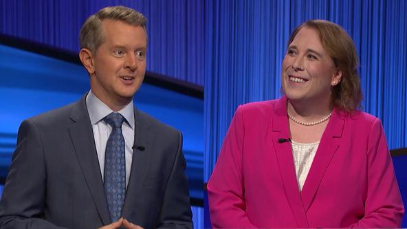 Ken Jennings, left, and Amy Schneider