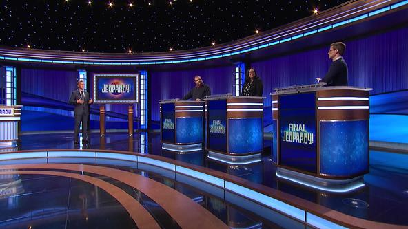 Ken Jennings, Michael Menkhus, Sue Adams and David Sibley on the set of Jeopardy!