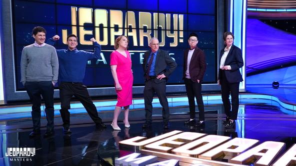 Matt Amodio, James Holzhauer, Amy Schneider, Sam Buttrey, Andrew He, Mattea Roach on the Alex Trebek Stage for Jeopardy! Masters