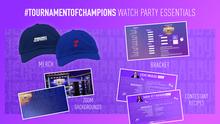 Tournament of Champions graphic includes Jeopardy! hats, bracket, contestant recipes, and Zoom backgrounds
