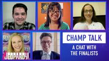 A screenshot of Buzzy Cohen, Veronica Vichit-Vadakan, Jennifer Quail, Sam Kavanaugh, Sarah Whitcomb Foss on Zoom with text that reads, "Champ Talk: A Chat With the Finalists"