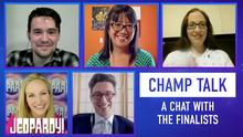 A screenshot of Buzzy Cohen, Veronica Vichit-Vadakan, Jennifer Quail, Sam Kavanaugh, Sarah Whitcomb Foss on Zoom with text that reads, "Champ Talk: A Chat With the Finalists"