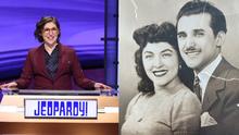 Photo split: Mayim Bialik behind the Jeopardy! lectern on the left; a vintage photo of Mayim's grandparents on the right