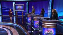 Mayim Bialik on the Jeopardy! stage with contestants J.P. Allen, Alisa Hove, and Deborah Steinberger.