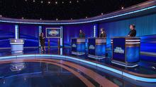 Mayim Bialik and contestants Camron Conners, Kathleen Snyder and Mattea Roach on set.