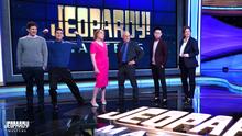 Matt Amodio, James Holzhauer, Amy Schneider, Sam Buttrey, Andrew He, Mattea Roach on the Alex Trebek Stage for Jeopardy! Masters