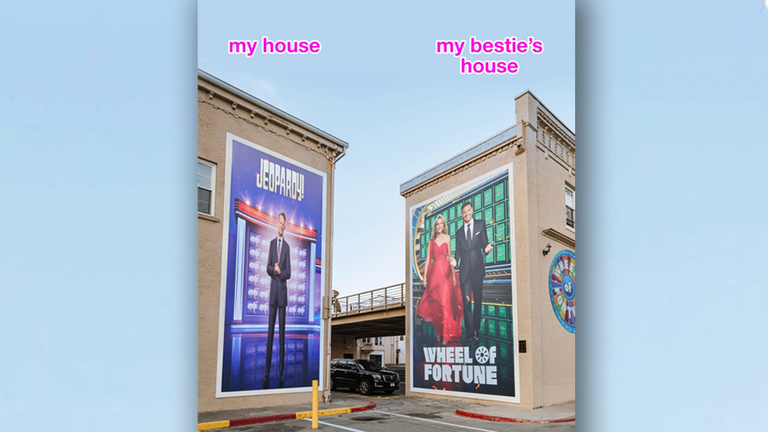 My house, my bestie's house caption with Wheel of Fortune and Jeopardy! lot posters next to each other